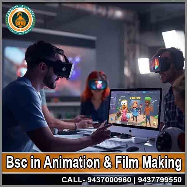 Students learning advanced 3D animation and film making techniques at Trytoon Academy Bhubaneswar during the BSc Animation and Film Making Course.