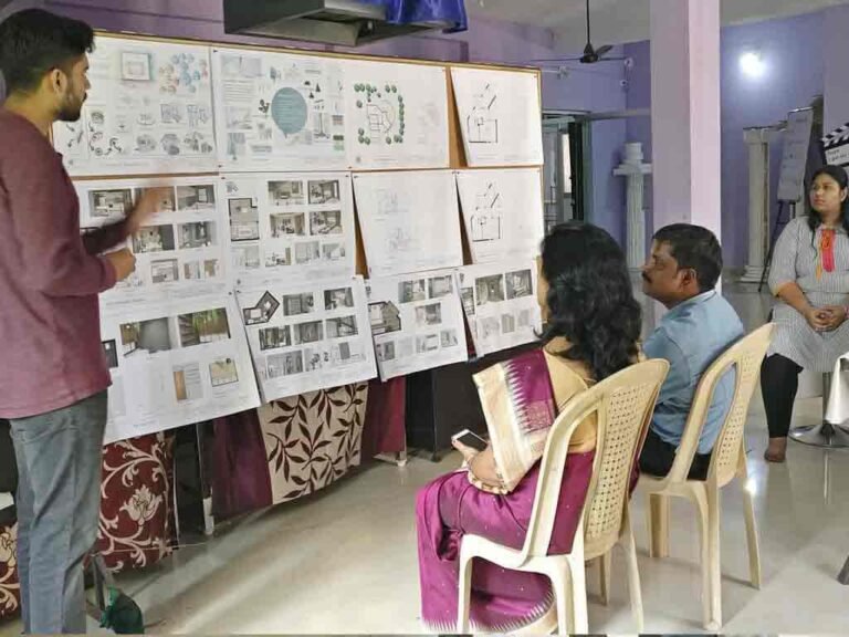 Students collaborating on group interior design project