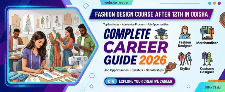 Banner for Fashion Design Course After 12th in Odisha Complete Career Guide 2026, showing students sketching and draping in a design studio with career roles like stylist and merchandiser.